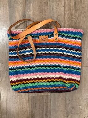Will Leather Goods Multicolor Striped Crochet Tote with Tan Leather Straps